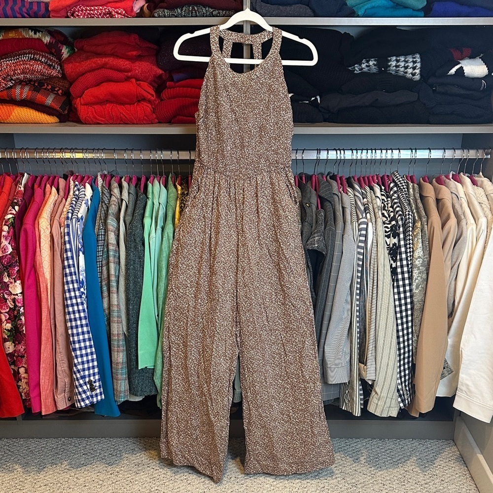Japna light brown/white cheetah print sleeveless smocked 2 pocket jumpsuit S